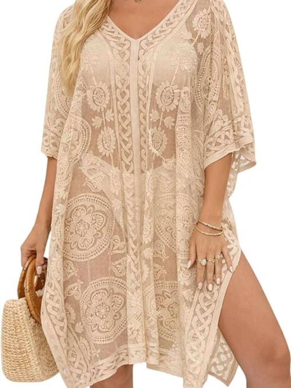 Sexy Elegant Lace Beach Cover Up for Women, Bathing Suit Cover Up, V-Neck Swimsu